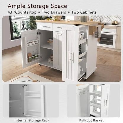 Kitchen Island with Drop Leaf,Kitchen Storage Cart with 3 Tier Pull Out Cabinet Organizer,Kitchen Cart on Wheels with Towel Rack