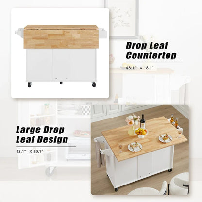 Kitchen Island with Drop Leaf Countertop, Barn Door Kitchen Island Table, Storage Cabinet and Tower Rack, Island Table On Wheels