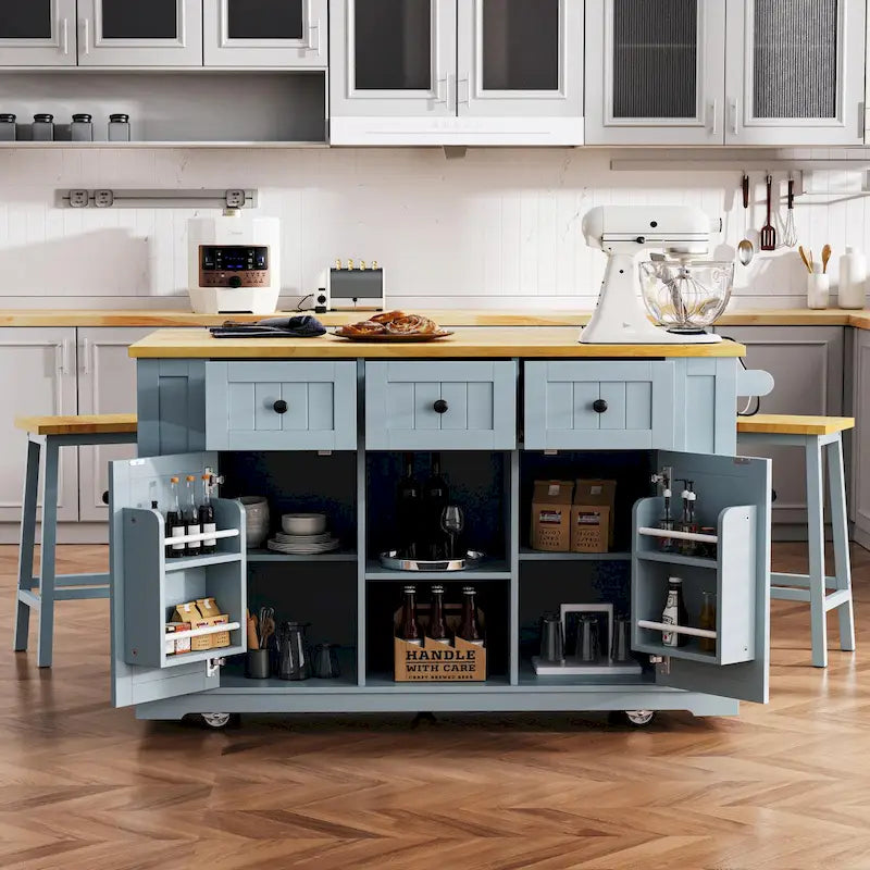 53  Kitchen Island with Drop Leaf, Power Outlet, Rolling Cart, and Storage Racks