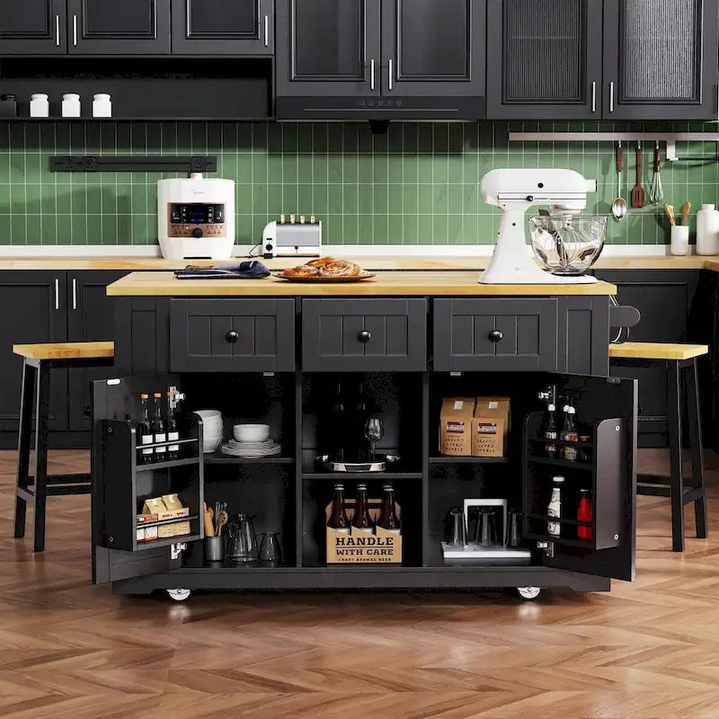 53  Kitchen Island with Drop Leaf, Power Outlet, Rolling Cart, and Storage Racks
