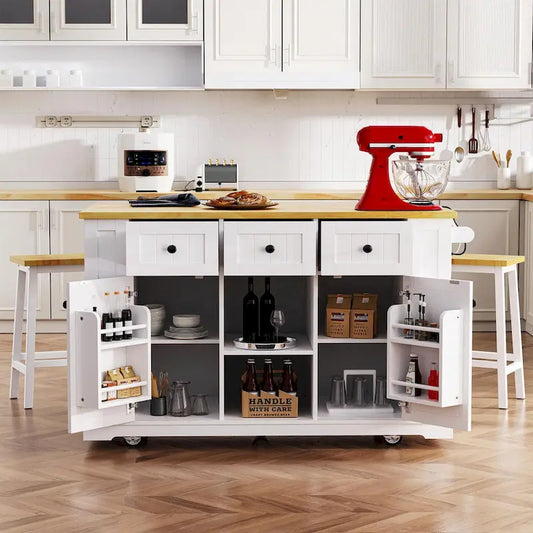 53  Kitchen Island with Drop Leaf, Power Outlet, Rolling Cart, and Storage Racks
