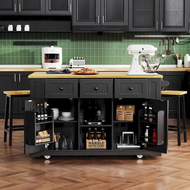 53  Kitchen Island with Drop Leaf, Power Outlet, Rolling Cart, and Storage Racks