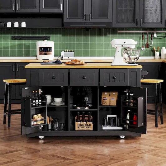 53  Kitchen Island with Drop Leaf, Power Outlet, Rolling Cart, and Storage Racks