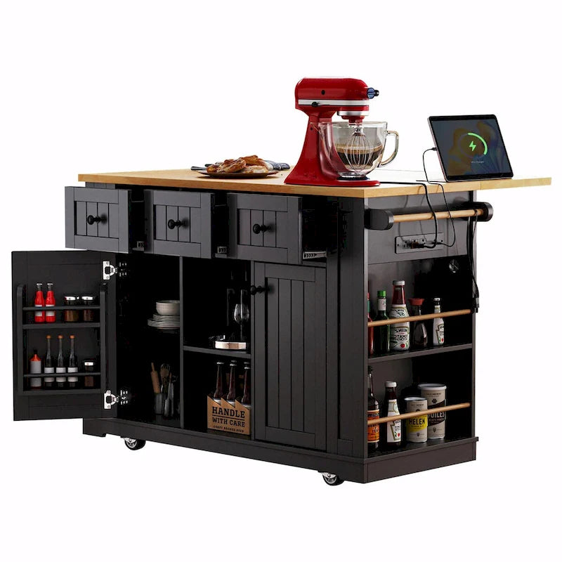 53  Kitchen Island with Drop Leaf, Power Outlet, Rolling Cart, and Storage Racks