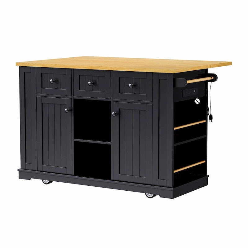 53  Kitchen Island with Drop Leaf, Power Outlet, Rolling Cart, and Storage Racks