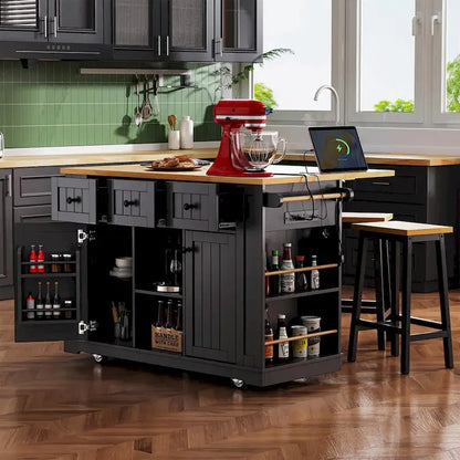 53  Kitchen Island with Drop Leaf, Power Outlet, Rolling Cart, and Storage Racks
