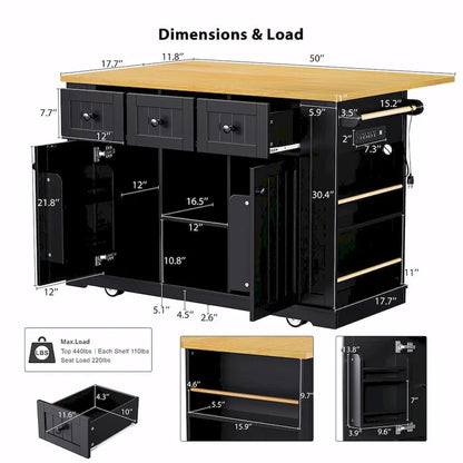 53  Kitchen Island with Drop Leaf, Power Outlet, Rolling Cart, and Storage Racks
