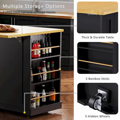 53  Kitchen Island with Drop Leaf, Power Outlet, Rolling Cart, and Storage Racks