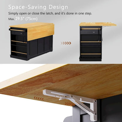 53  Kitchen Island with Drop Leaf, Power Outlet, Rolling Cart, and Storage Racks