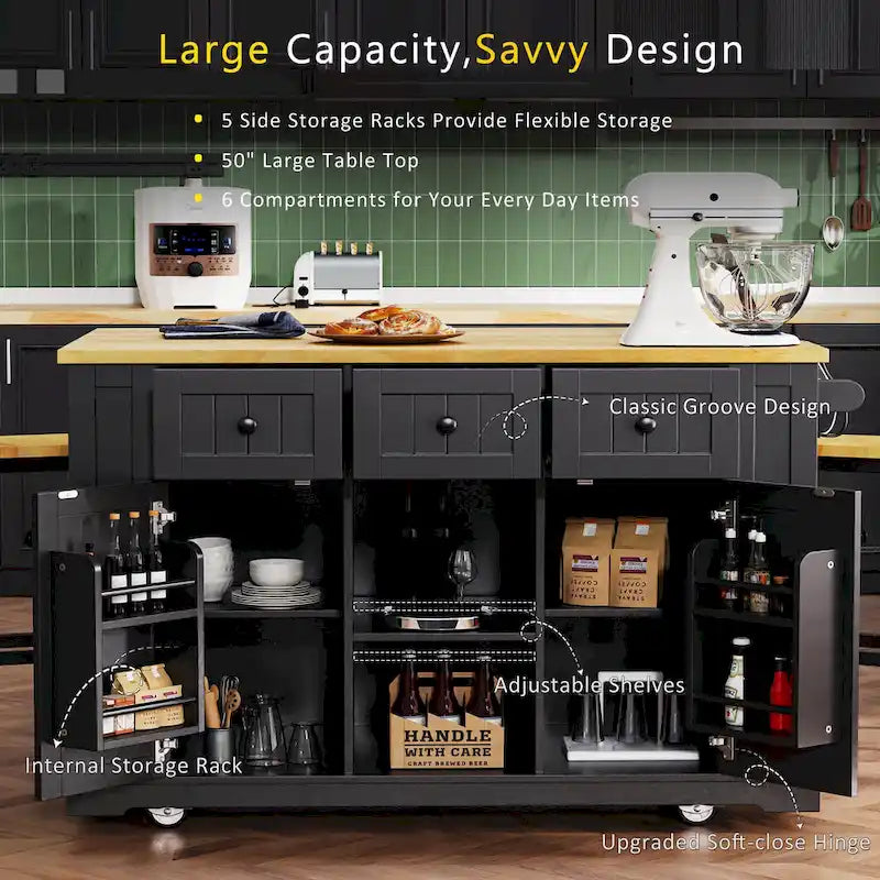 53  Kitchen Island with Drop Leaf, Power Outlet, Rolling Cart, and Storage Racks