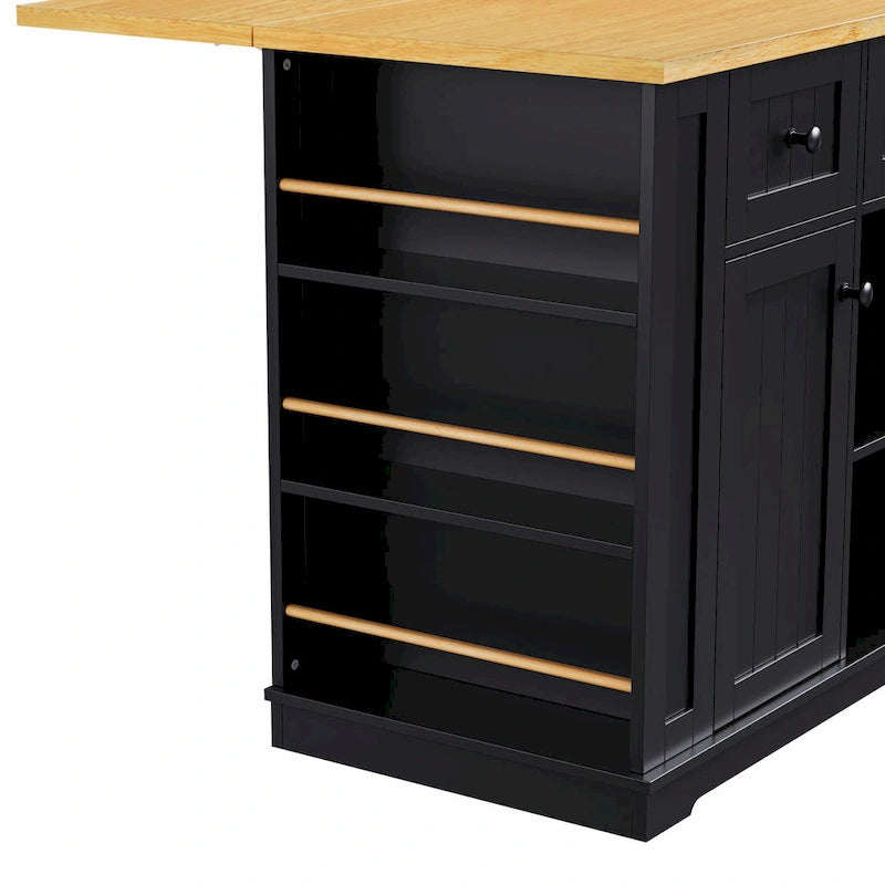 53  Kitchen Island with Drop Leaf, Power Outlet, Rolling Cart, and Storage Racks