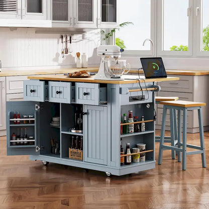 53  Kitchen Island with Drop Leaf, Power Outlet, Rolling Cart, and Storage Racks