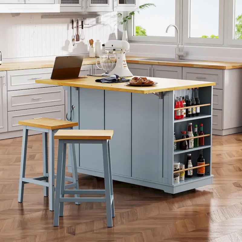 53  Kitchen Island with Drop Leaf, Power Outlet, Rolling Cart, and Storage Racks