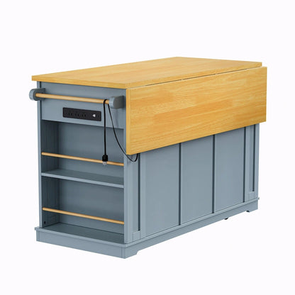 53  Kitchen Island with Drop Leaf, Power Outlet, Rolling Cart, and Storage Racks