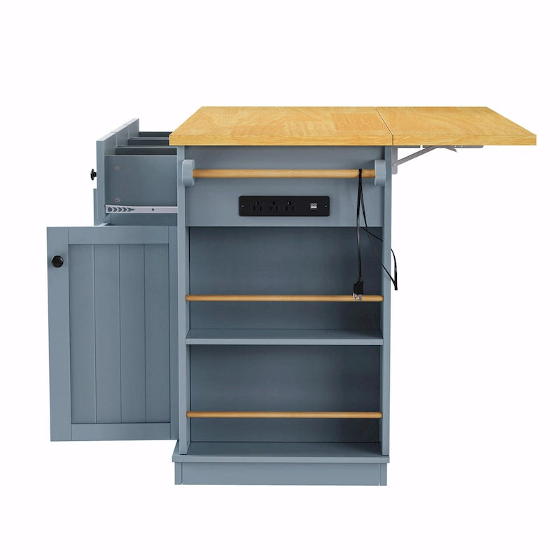 53  Kitchen Island with Drop Leaf, Power Outlet, Rolling Cart, and Storage Racks