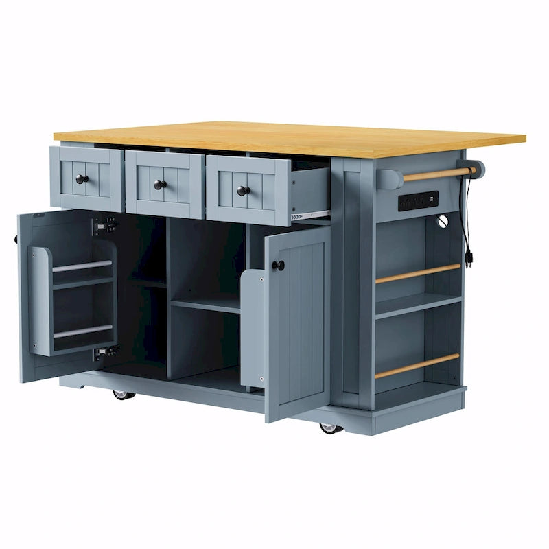 53  Kitchen Island with Drop Leaf, Power Outlet, Rolling Cart, and Storage Racks