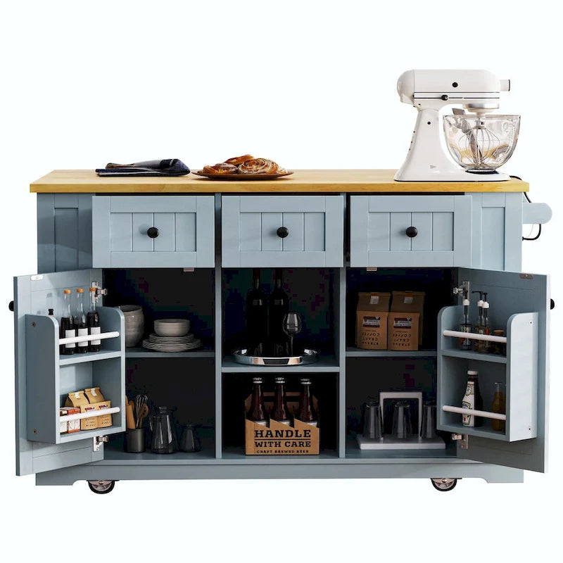 53  Kitchen Island with Drop Leaf, Power Outlet, Rolling Cart, and Storage Racks