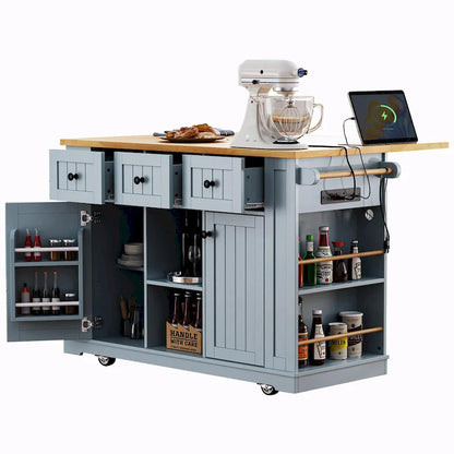 53  Kitchen Island with Drop Leaf, Power Outlet, Rolling Cart, and Storage Racks