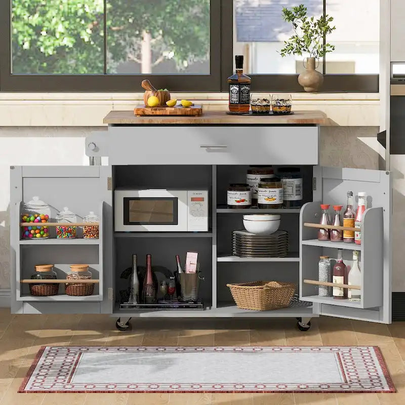 Rolling Kitchen Island with Divider and Internal Storage Rack
