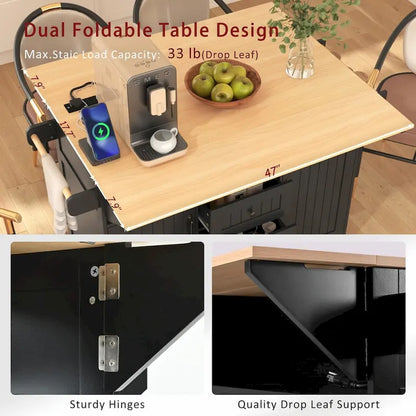 55.7 Kitchen Island with Drop Leaves, Rolling Cart with Power Outlet, Spice Rack, and 3 Drawers
