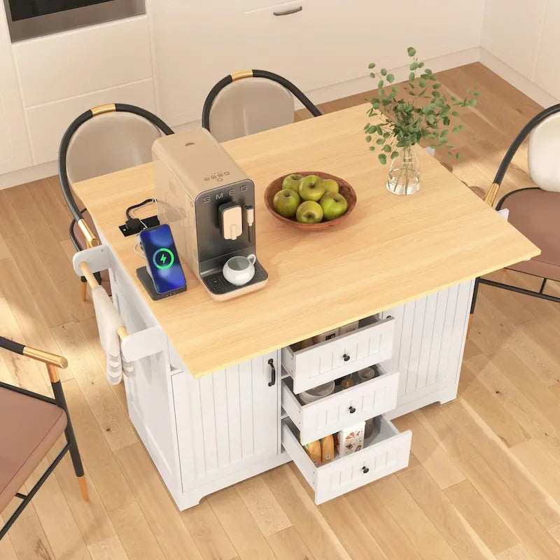55.7 Kitchen Island with Drop Leaves, Rolling Cart with Power Outlet, Spice Rack, and 3 Drawers