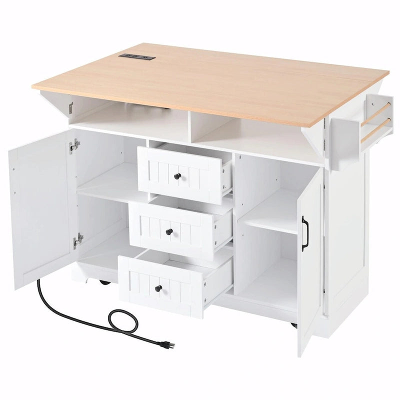 55.7 Kitchen Island with Drop Leaves, Rolling Cart with Power Outlet, Spice Rack, and 3 Drawers
