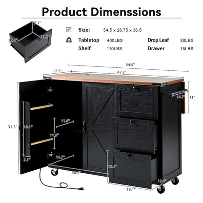 54.5Wood Rolling Kitchen Island w/ Power Outlet,Internal Storage Rack