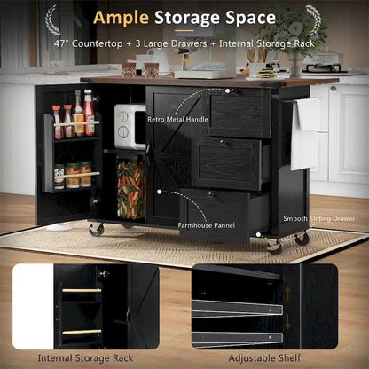 54.5Wood Rolling Kitchen Island w/ Power Outlet,Internal Storage Rack