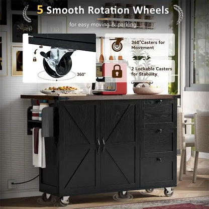 54.5Wood Rolling Kitchen Island w/ Power Outlet,Internal Storage Rack