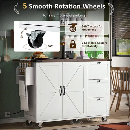 54.5Wood Rolling Kitchen Island w/ Power Outlet,Internal Storage Rack