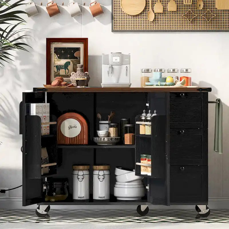 Farmhouse Kitchen Island with Power Outlet and Rolling Cart