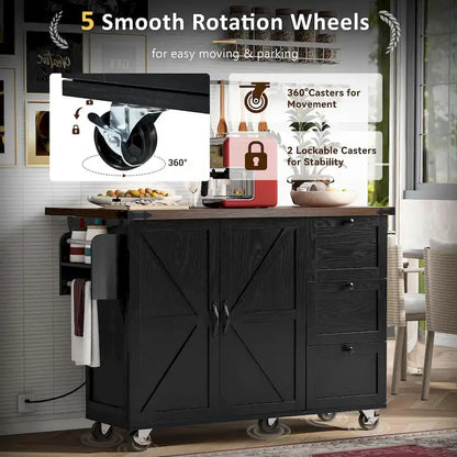 Farmhouse Kitchen Island with Power Outlet and Rolling Cart