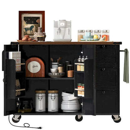 Farmhouse Kitchen Island with Power Outlet and Rolling Cart