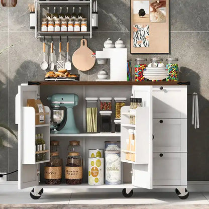 Farmhouse Kitchen Island with Power Outlet and Rolling Cart