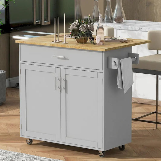 39W Kitchen Island with Storage and Rubber Wood Top - N/A