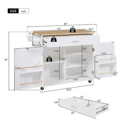 39W Kitchen Island with Storage and Rubber Wood Top - N/A