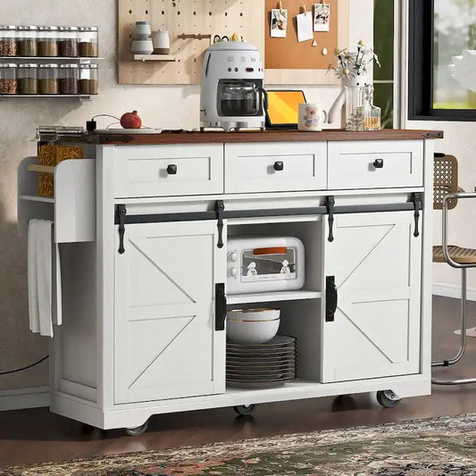53.7 Kitchen Island, Power Outlet, 2 Sliding Barn Door Kitchen Storage Island Drop Leaf, Rack Rolling Kitchen Cart on Wheels