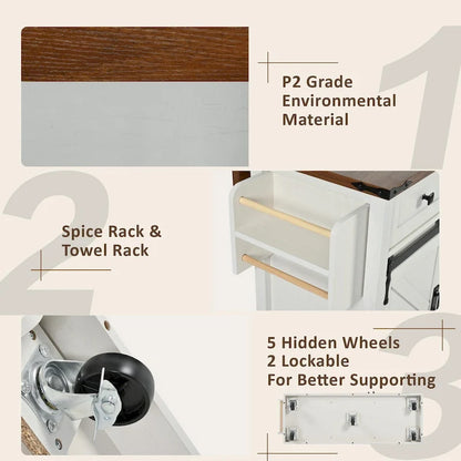 53.7 Kitchen Island, Power Outlet, 2 Sliding Barn Door Kitchen Storage Island Drop Leaf, Rack Rolling Kitchen Cart on Wheels