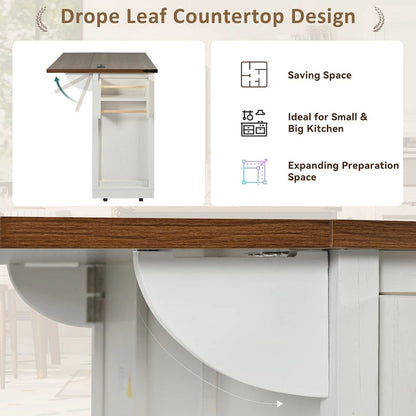 53.7 Kitchen Island, Power Outlet, 2 Sliding Barn Door Kitchen Storage Island Drop Leaf, Rack Rolling Kitchen Cart on Wheels