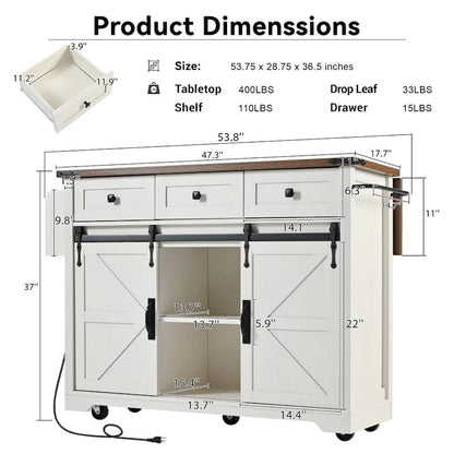 53.7 Kitchen Island, Power Outlet, 2 Sliding Barn Door Kitchen Storage Island Drop Leaf, Rack Rolling Kitchen Cart on Wheels
