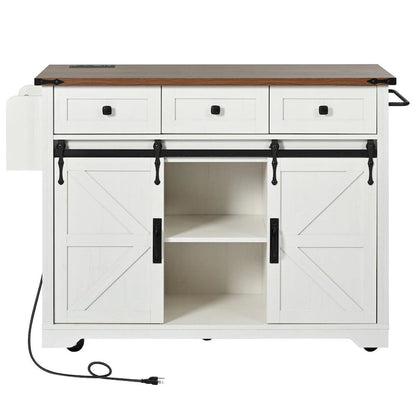53.7 Kitchen Island, Power Outlet, 2 Sliding Barn Door Kitchen Storage Island Drop Leaf, Rack Rolling Kitchen Cart on Wheels