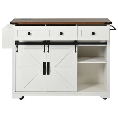 53.7 Kitchen Island, Power Outlet, 2 Sliding Barn Door Kitchen Storage Island Drop Leaf, Rack Rolling Kitchen Cart on Wheels