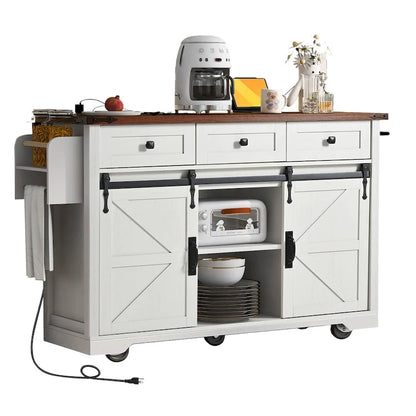53.7 Kitchen Island, Power Outlet, 2 Sliding Barn Door Kitchen Storage Island Drop Leaf, Rack Rolling Kitchen Cart on Wheels