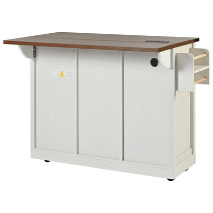 53.7 Kitchen Island, Power Outlet, 2 Sliding Barn Door Kitchen Storage Island Drop Leaf, Rack Rolling Kitchen Cart on Wheels