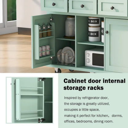 Kitchen Cart with Rubber wood Drop-Leaf Countertop ,Kitchen Island on 5 Wheels with Storage Cabinet and 3 Drawers