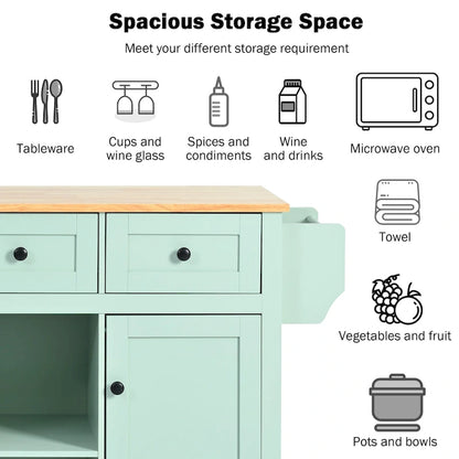 Kitchen Cart with Rubber wood Drop-Leaf Countertop ,Kitchen Island on 5 Wheels with Storage Cabinet and 3 Drawers