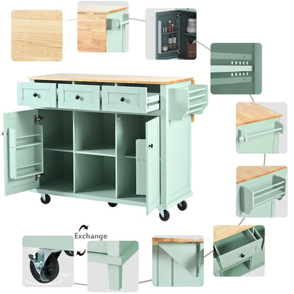 Kitchen Cart with Rubber wood Drop-Leaf Countertop ,Kitchen Island on 5 Wheels with Storage Cabinet and 3 Drawers