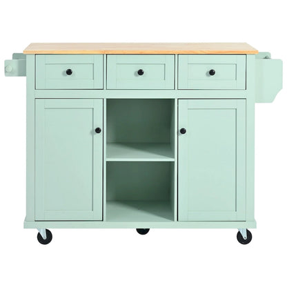 Kitchen Cart with Rubber wood Drop-Leaf Countertop ,Kitchen Island on 5 Wheels with Storage Cabinet and 3 Drawers