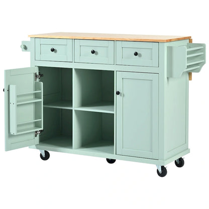 Kitchen Cart with Rubber wood Drop-Leaf Countertop ,Kitchen Island on 5 Wheels with Storage Cabinet and 3 Drawers