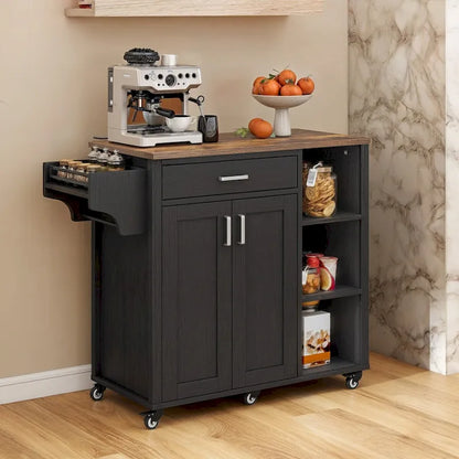 Rolling Kitchen Island on Wheels with Drawer Open Shelves & Doors